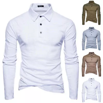 Buy Mens Polo Shirts Long Sleeve Slim Fit Work Golf Collar Smart Casual T-Shirt Tops • 13.69£