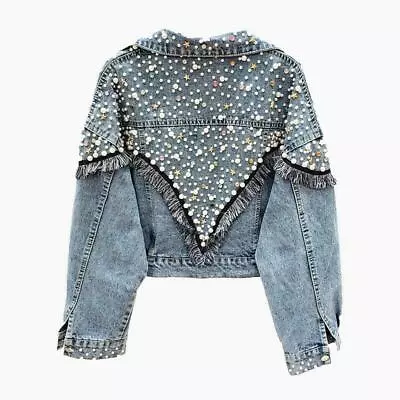 Buy Womens Fashion Pearl Denim Jeans Jacket New Streetwear Rivet Jacket Coat Outwear • 45.35£