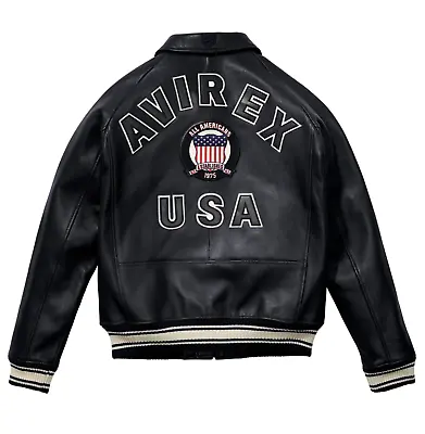 Buy Men's Avirex Real Leather Jacket Black Flight Bomber American Varsity Jacket • 139.99£