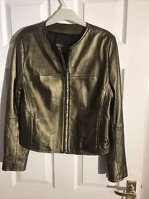 Buy Olly London Ladies Khaki Green Metallic Soft Leather Zip Up Jacket Size 14 • 55£