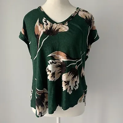 Buy WITCHERY Women's TOP Size L - 100% LINEN Green Floral Print T-shirt • 15.46£