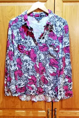 Buy Rock & Republic Women's Size XXL Rayon Pink Floral Long Sleeve Shirt • 4.72£