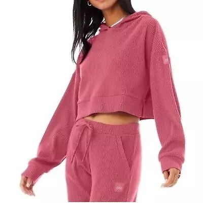 Buy Alo Yoga Cropped Muse Pink Ribbed Knit Hoodie Stretch Workout Women Size Small • 47.25£