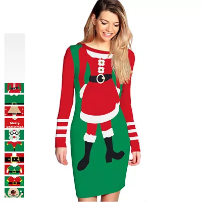 Buy Womens Christmas Knitted Ladies Elf Costume Xmas Jumper Dress Print Tight Sexy • 9.37£