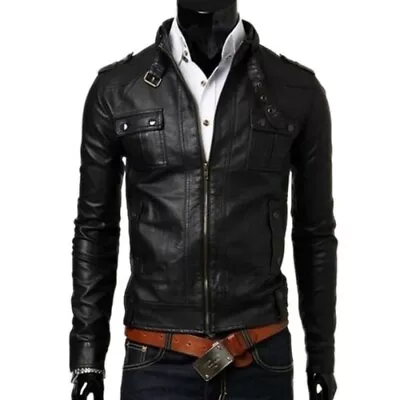 Buy Men Causal Biker Slim Fit Stylish Black Artificial Leather Jacket - Size XLarge • 24.99£