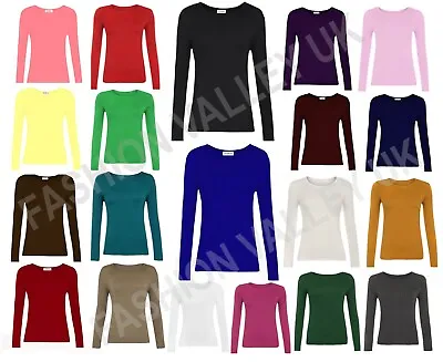 Buy Women Plain Tee T Shirt Top Ladies Stretch Round Neck Basic Long Sleeve Top 8-26 • 7.49£