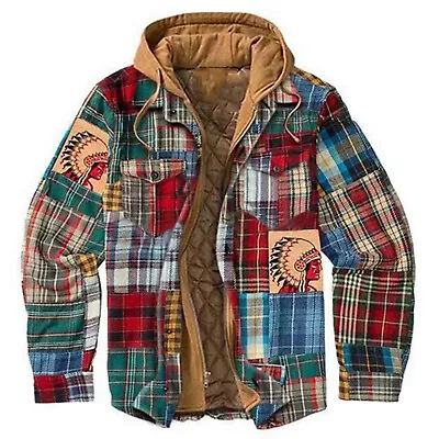 Buy Men's Colorful Patchwork Plaid Drawstring Hoodie With Zipper Insulation Jacket • 29.71£