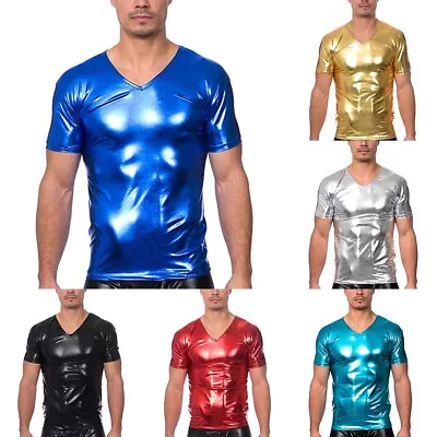 Buy Casual Top Shiny Shirt Holiday Streetwear Men Male Shiny Short Sleeves • 18.47£