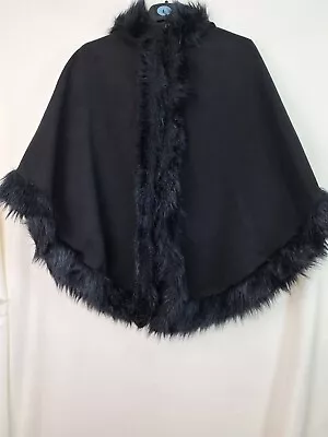 Buy Made In Italy Womens Black Hoodie Faux Fur Trim Poncho Free Size • 12.95£