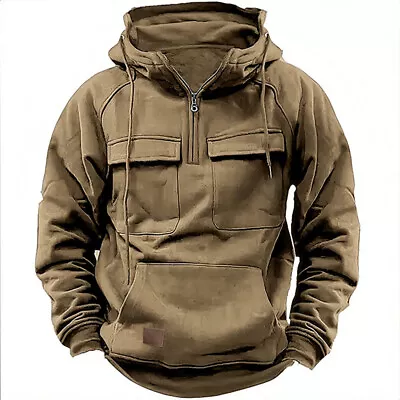 Buy Mens Cargo Hoodies Tops Casual Baggy Combat Pocket Hooded Sweatshirt Outdoor UK • 16.89£