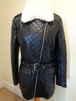 Buy Rino & Pelle Black Faux Leather Quilted Belted Coat With Faux Fur Collar - 10/12 • 65£
