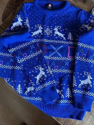 Buy Sony Playstation Navy Blue Christmas Jumper Xmas Knit Reindeer Numskull XL • 10£
