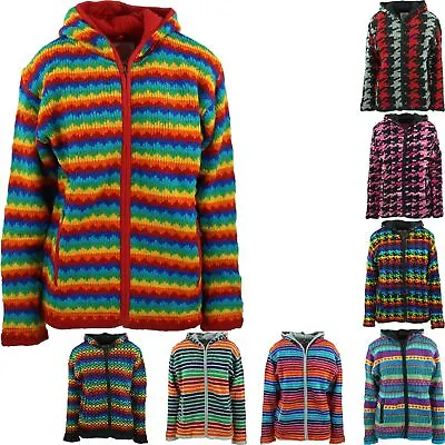 Buy Wool Knit Hoodie Cardigan Lined Hooded Jacket Hippie Festival Woolen Nepal • 34.95£