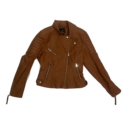 Buy Forever 21 Womens Tan Faux Leather Sleeve Zipper Moto Biker Jacket Size Small • 29.12£