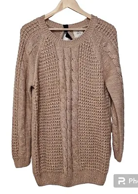 Buy Y2K New Look Chunky Cable Knit Key Hole Bow Back Long Jumper Dress 12 14 Beige • 12£
