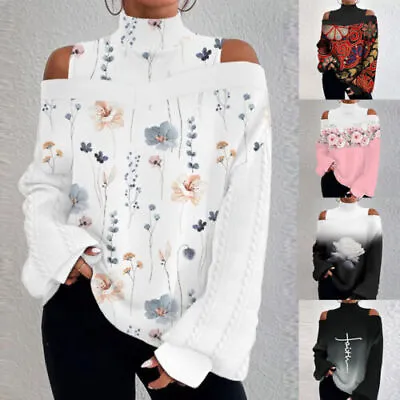 Buy Womens Cold Shoulder Floral T Shirt Tops Ladies High Neck Long Sleeve Blouse 16 • 3.49£