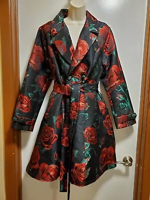 Buy Venus Women's Belted Black Coat Jacket With Red Roses Gothic Style Size 14 Small • 46.30£