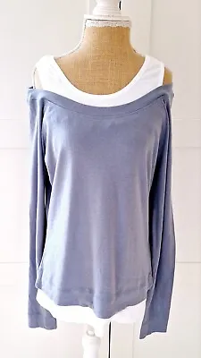 Buy Ladies Blue White Vest Bardot Top Long Sleeve  T-shirt By Rainbow Size M 12 NEW • 15.99£