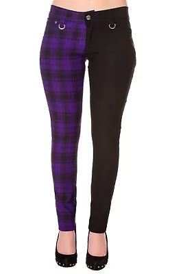 Buy Purple Tartan Check Black Split Legs Skinny Stretch Rock Trousers BANNED Apparel • 35.99£