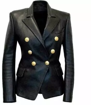 Buy Women S Kim Kardashian Black Double Breasted Slim Fit FAUX Leather Jacket Blazer • 55.59£