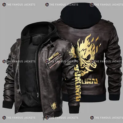 Buy Cyberpunk 2077 Golden Vinyl Printed Biker Hoodie Real Leather Motorcycle Jacket • 132£