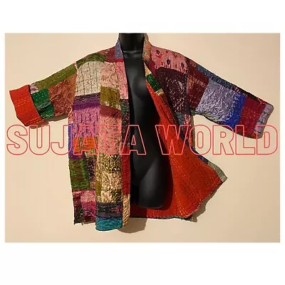 Buy Pure Silk Patchwork Kantha Hand Stitch Fully Lined Kimono Jacket Coat M L Xl • 39.95£