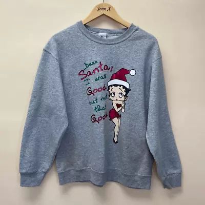 Buy Vintage Betty Boop Sweatshirt Mens M Gray Christmas Santa Good Girl Cartoon 00s • 43.02£