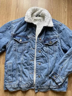 Buy TopShop UK Size 6 Classic Indigo Blue Denim Sherpa Jacket Fleece Lined • 8.99£