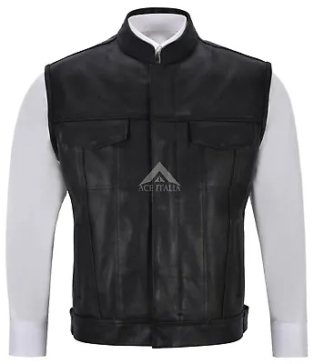 Buy Truckers Leather Gilet Black Real Cowhide Waistcoat Classic Bikers SOA Vest 1255 • 64£