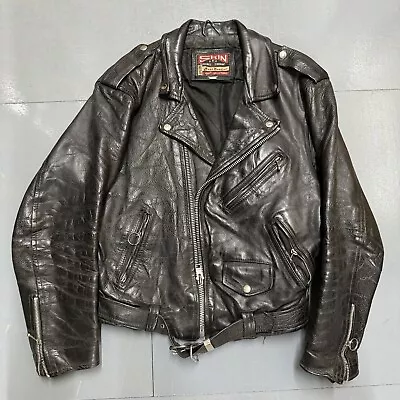 Buy Vintage Brando Style Motorcycle Leather Biker Jacket - Size M/L  - Rocker Metal  • 24£