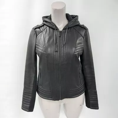 Buy Michael Kors Hooded Leather Jacket Womens L UK 14 Black Zip Designer RMF03-RP • 12.50£