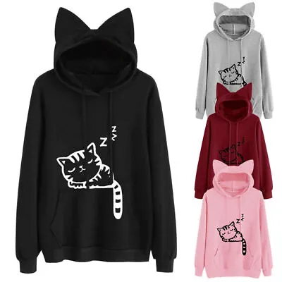 Buy Women Sweatshirt Cat Ear Hoodie Sweatshirt Casual Long Sleeve Pullover Blouse • 8.70£