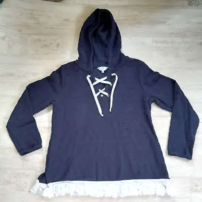 Buy Crown & Ivy Pullover Hoodie Sweatshirt Size Small Blue Lace Up Fringe Bottom • 13.45£
