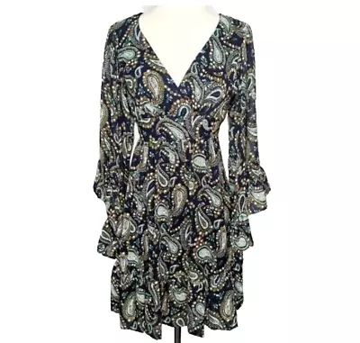 Buy Betsey Johnson Bambi Dress Size 8 Navy Paisley Ruffle Bell Sleeve Babydoll Fairy • 36.18£