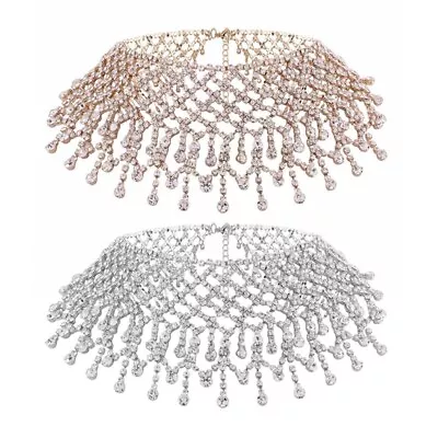 Buy Layered Tassel Crystal Rhinestone Choker Necklace Wedding Wide Collar Jewelry • 7.64£