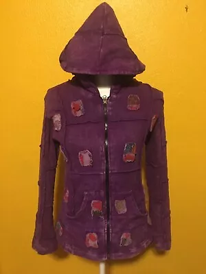 Buy Purple Thick Fleece Lined Hoodie Size S Boho Distressed Patchwork Made In Nepal • 19.69£