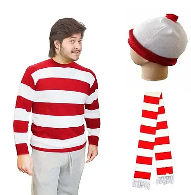 Buy Men Red & White T-shirt Glasses Jumper Hat Scarf Complete Outfit Costume • 3.99£