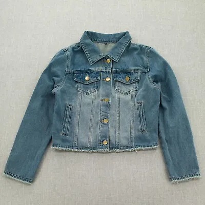 Buy Womens Cropped Denim Jean Jacket Frayed Washed Long Sleeve Button Up Blue Sz S • 15.31£