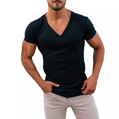 Buy Mens V-Neck T Shirts Short Sleeve Muscle Slim Fit Summer Sport Gym Tee Tops Size • 9.39£
