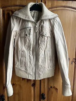 Buy BNWOT Gorgeous 100% Ladies Distressed Leather Jacket Size S White With Pink Hue • 20£