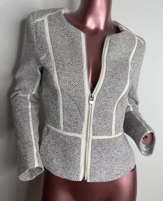 Buy H&M Grey Woven Tweed Style Cotton Faux Leather Panel Lined Jacket UK 8 • 8.99£