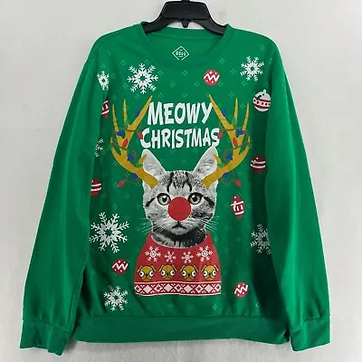 Buy Well Worn Holiday Sweater Women's L Green Cat Meowy Christmas Crew Neck Pullover • 10.57£
