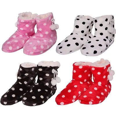 Buy Ladies Women Thick Thermal Sherpa Fleece Polka Dot Pom Pom Warm Slippers Boots • 9.99£