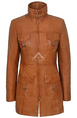 Buy Ladies Leather Jacket Tan Gothic Style Fitted REAL LAMBSKIN COAT 1310 • 94.84£