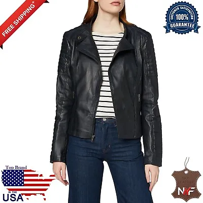 Buy Women's Genuine Lambskin Leather Jacket Motorcycle Slim Fit Biker Jacket Black • 177.18£