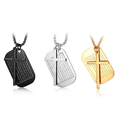 Buy Men's Stainless Steel Bible Prayer Verse Dog Tag Cross Pendant Necklace Chain • 18.31£