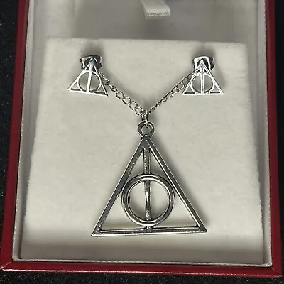 Buy Harry Potter Neckace & Earring Silvertone Set Deathly Hallows Cosplay Bnwot • 7.99£
