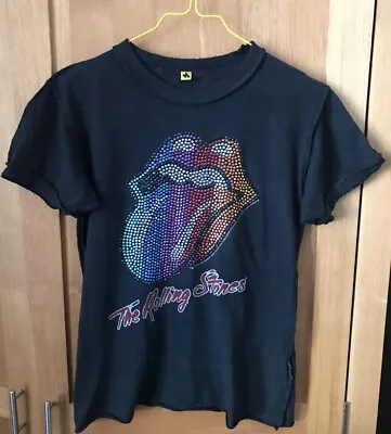 Buy AMPLIFIED Ladies Diamante Rolling Stones   Vintage Tounge Black T-Shirt  (MED) • 8.50£