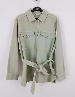 Buy M&S Jacket Pale Apple Green Cotton Distressed Denim Pockets Belted NWOT F2 • 14.99£