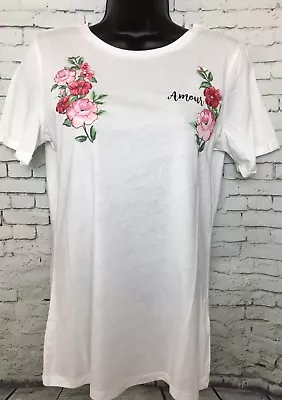 Buy DOROTHY PERKINS 10 BNWT Cream & Pink Floral Embroidered ‘AMOUR’ Slogan T-shirt • 5£